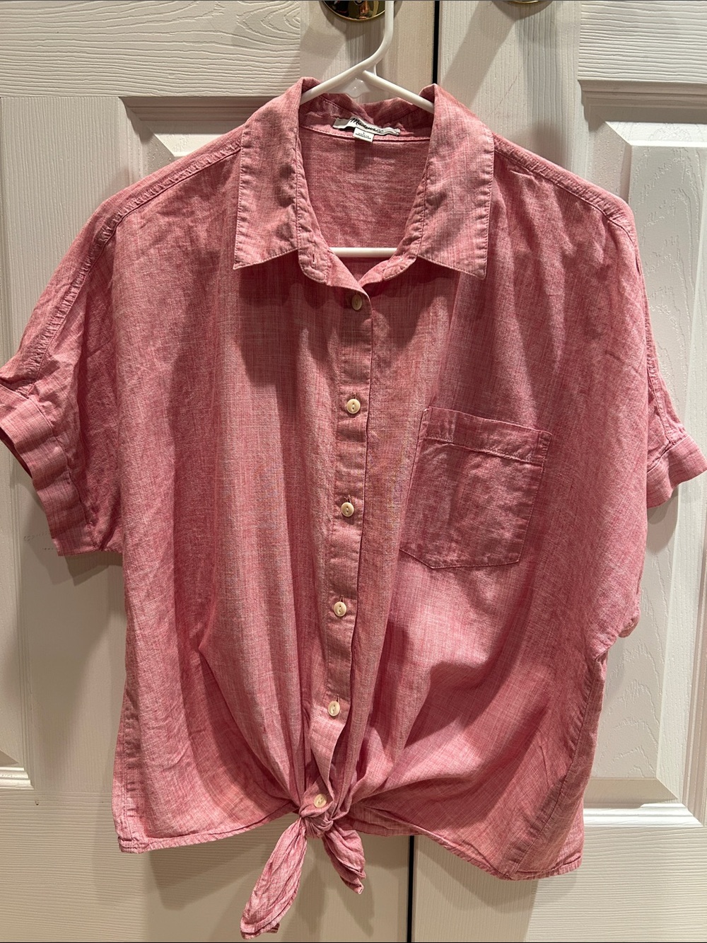 Madewell Pink Short-Sleeve Button-Down Shirt with Front Tie